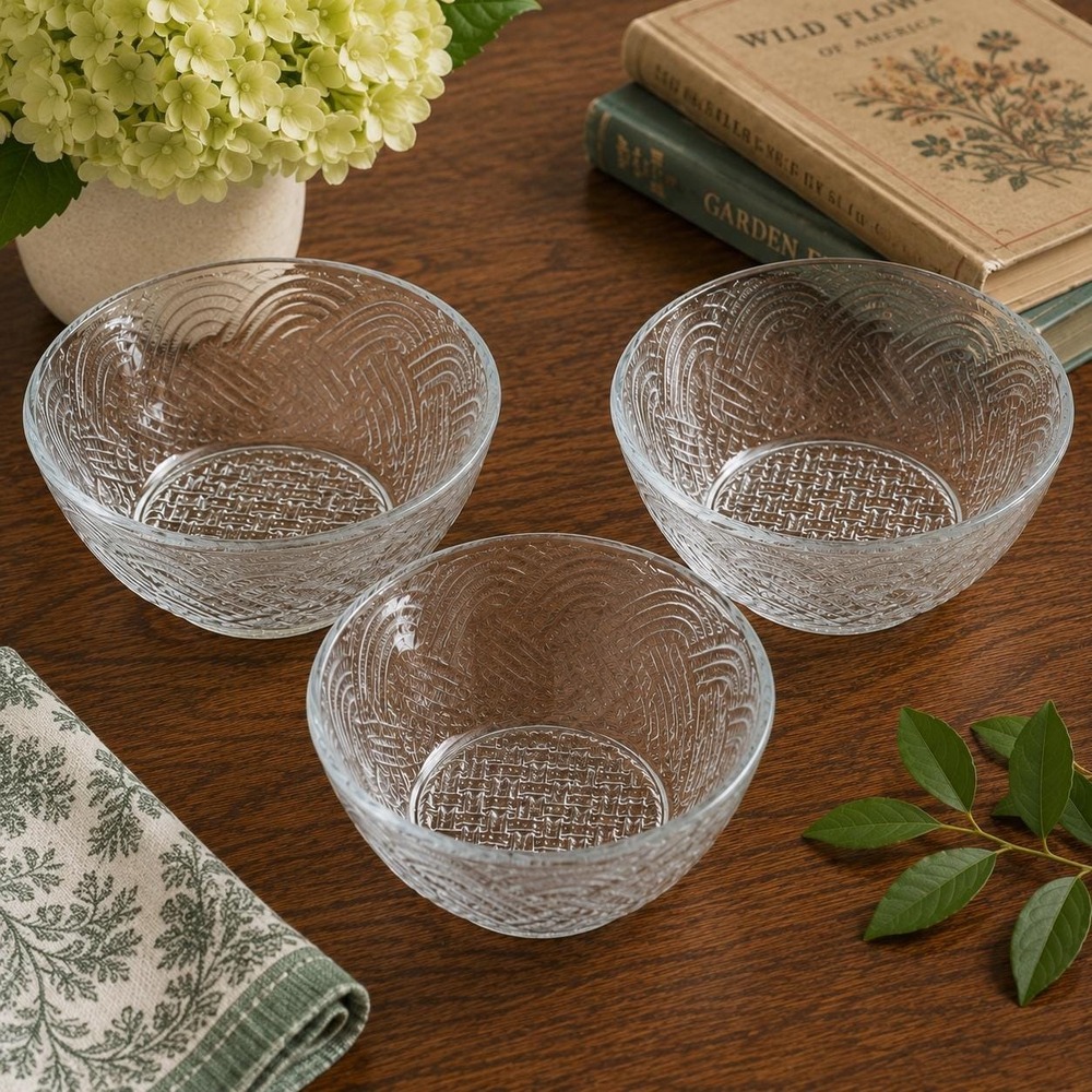 Pasari Indonesia (4) Clear Glass Cereal Soup Bowls Basketweave‎ Wave VTG 90s